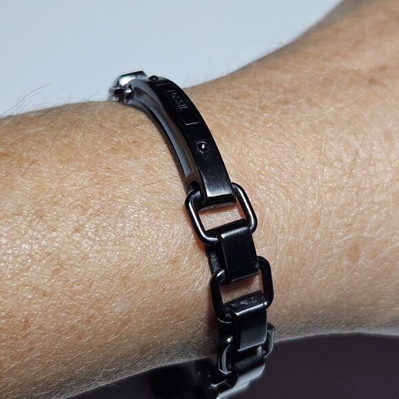 *Sale* Fossil Black Steel Link Bracelet 8" Unisex - Picture 5 of 16